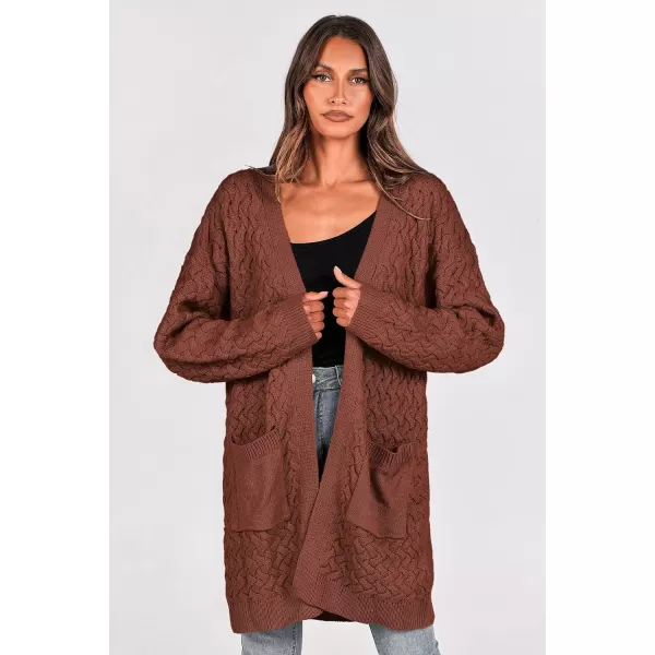 imagePRETTYGARDEN Womens Fall Open Front Chunky Cardigans Casual Long Sleeve Cable Knit Sweater Coat OuterwearRed Brown