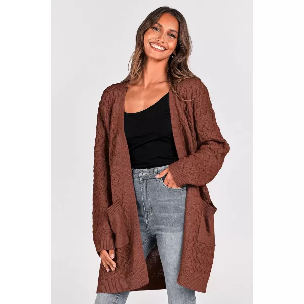 imagePRETTYGARDEN Womens Fall Open Front Chunky Cardigans Casual Long Sleeve Cable Knit Sweater Coat OuterwearRed Brown