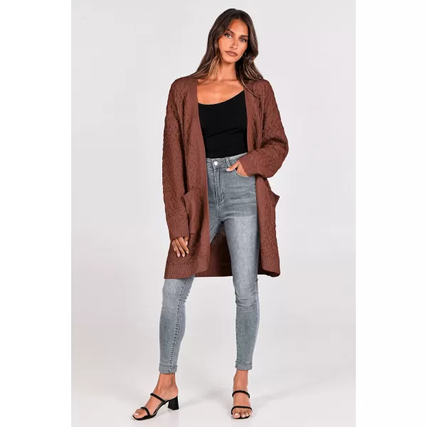 imagePRETTYGARDEN Womens Fall Open Front Chunky Cardigans Casual Long Sleeve Cable Knit Sweater Coat OuterwearRed Brown