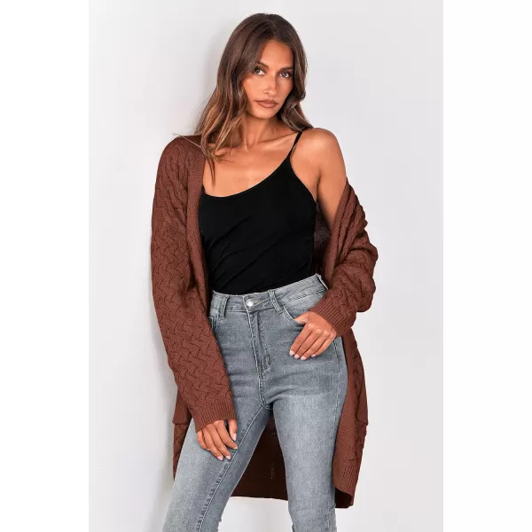 imagePRETTYGARDEN Womens Fall Open Front Chunky Cardigans Casual Long Sleeve Cable Knit Sweater Coat OuterwearRed Brown