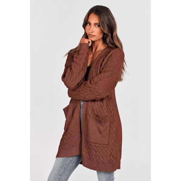 imagePRETTYGARDEN Womens Fall Open Front Chunky Cardigans Casual Long Sleeve Cable Knit Sweater Coat OuterwearRed Brown