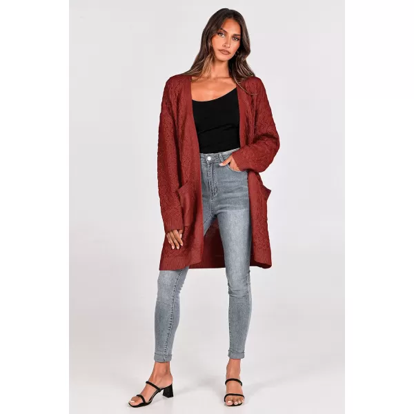 imagePRETTYGARDEN Womens Fall Open Front Chunky Cardigans Casual Long Sleeve Cable Knit Sweater Coat OuterwearRust Red