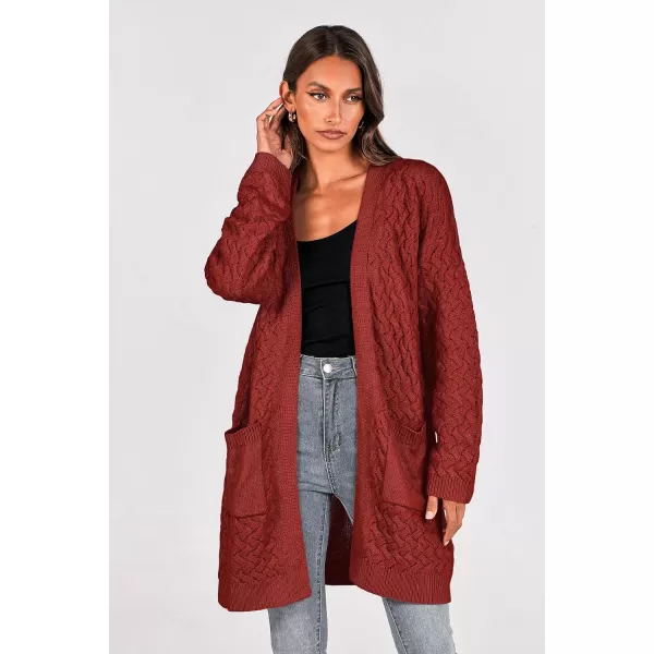 imagePRETTYGARDEN Womens Fall Open Front Chunky Cardigans Casual Long Sleeve Cable Knit Sweater Coat OuterwearRust Red