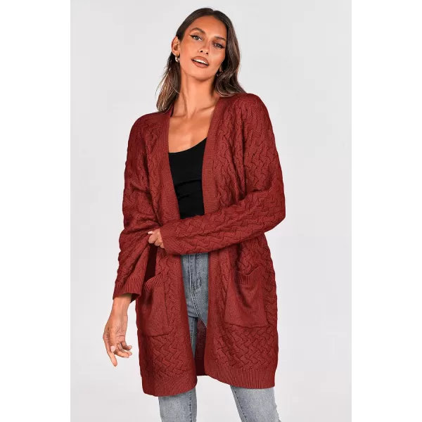 imagePRETTYGARDEN Womens Fall Open Front Chunky Cardigans Casual Long Sleeve Cable Knit Sweater Coat OuterwearRust Red
