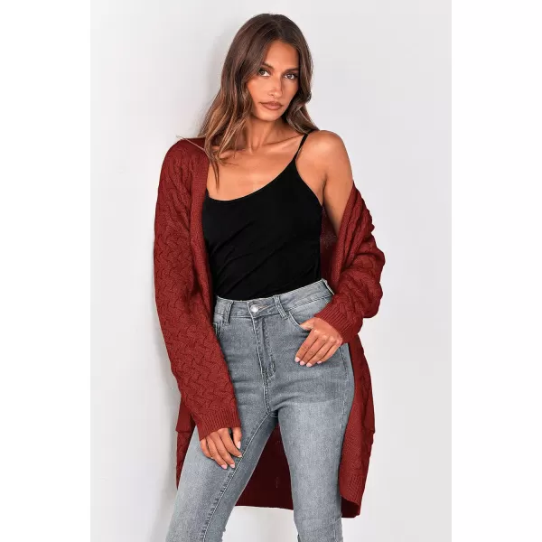 imagePRETTYGARDEN Womens Fall Open Front Chunky Cardigans Casual Long Sleeve Cable Knit Sweater Coat OuterwearRust Red