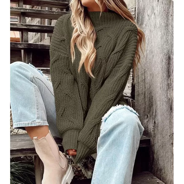 imagePRETTYGARDEN Womens Fall Oversized Pullover Sweaters Casual Crewneck Long Sleeve Chunky Cable Knit Blouse TopArmy Green