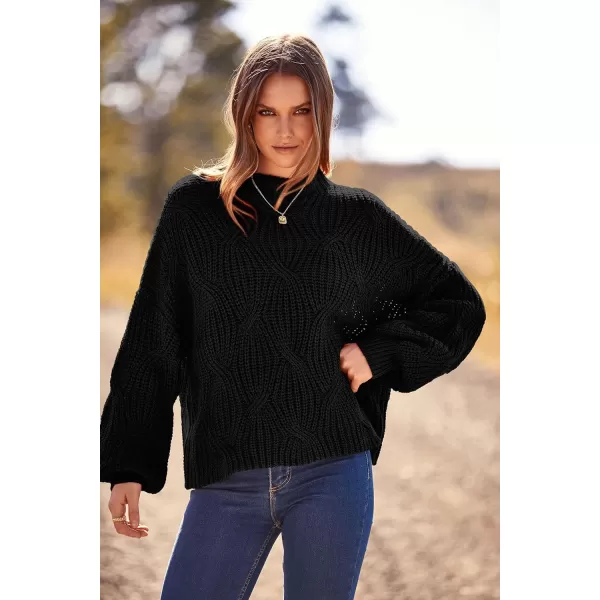 imagePRETTYGARDEN Womens Fall Oversized Pullover Sweaters Casual Crewneck Long Sleeve Chunky Cable Knit Blouse TopBlack