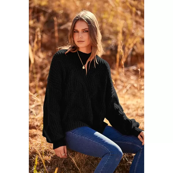 imagePRETTYGARDEN Womens Fall Oversized Pullover Sweaters Casual Crewneck Long Sleeve Chunky Cable Knit Blouse TopBlack