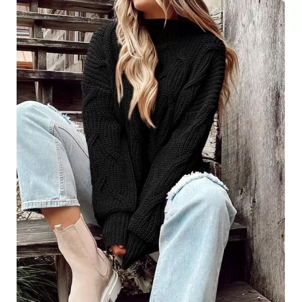 imagePRETTYGARDEN Womens Fall Oversized Pullover Sweaters Casual Crewneck Long Sleeve Chunky Cable Knit Blouse TopBlack