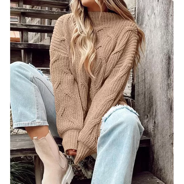 imagePRETTYGARDEN Womens Fall Oversized Pullover Sweaters Casual Crewneck Long Sleeve Chunky Cable Knit Blouse TopDark Apricot