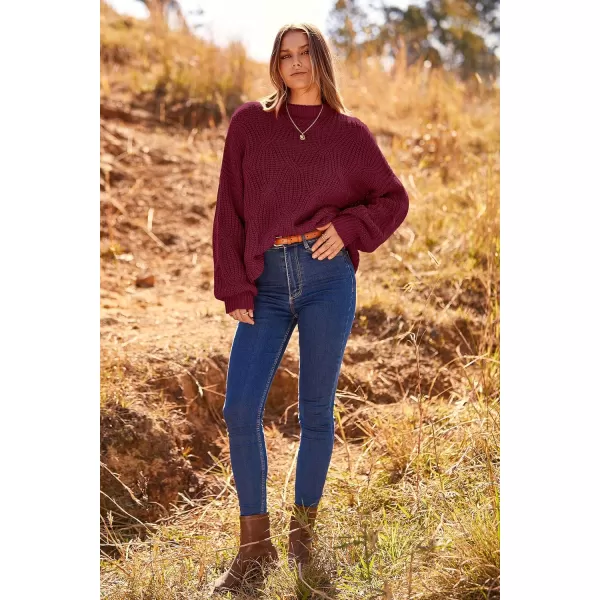 imagePRETTYGARDEN Womens Fall Oversized Pullover Sweaters Casual Crewneck Long Sleeve Chunky Cable Knit Blouse TopWine Red