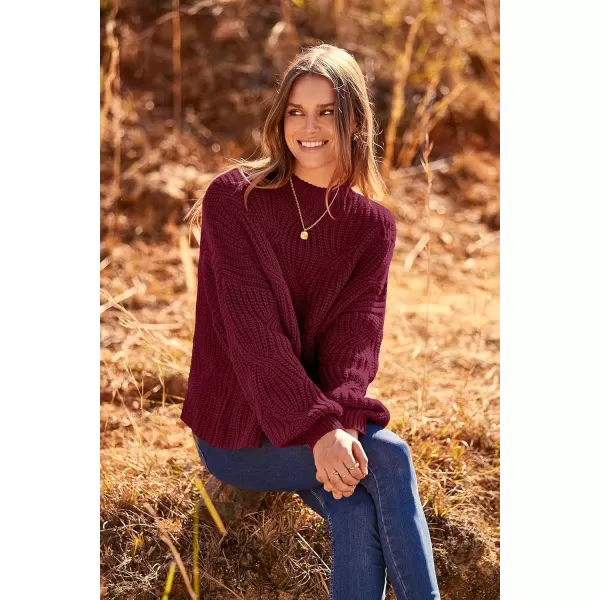 imagePRETTYGARDEN Womens Fall Oversized Pullover Sweaters Casual Crewneck Long Sleeve Chunky Cable Knit Blouse TopWine Red