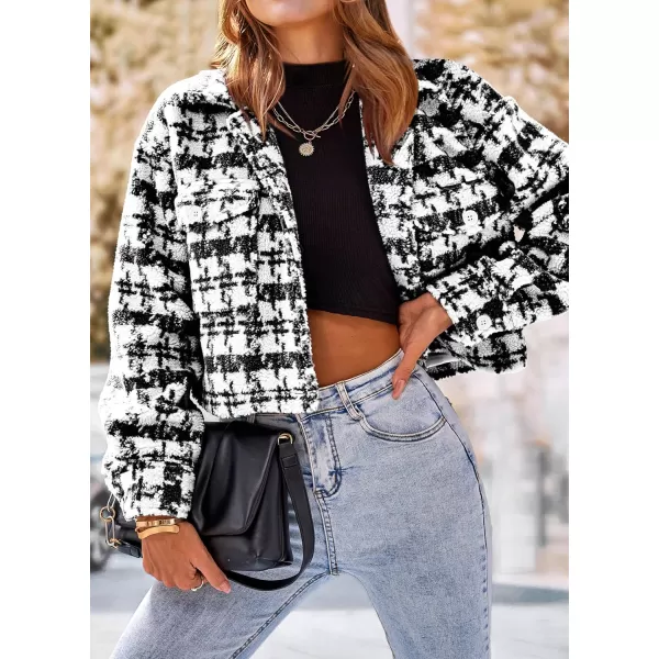 imagePRETTYGARDEN Womens Fall Plaid Shacket Jacket Faux Fur Lapel Open Front Cropped Winter Coats OuterwearBlack