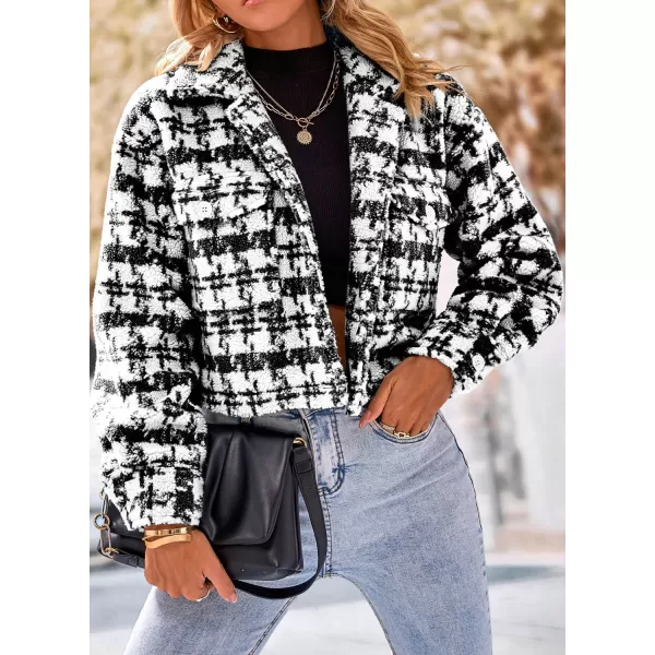 imagePRETTYGARDEN Womens Fall Plaid Shacket Jacket Faux Fur Lapel Open Front Cropped Winter Coats OuterwearBlack