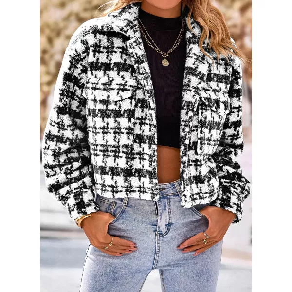 imagePRETTYGARDEN Womens Fall Plaid Shacket Jacket Faux Fur Lapel Open Front Cropped Winter Coats OuterwearBlack