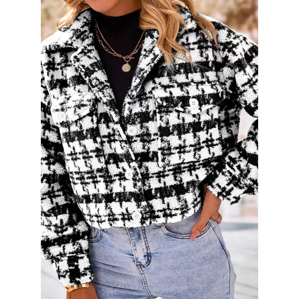 imagePRETTYGARDEN Womens Fall Plaid Shacket Jacket Faux Fur Lapel Open Front Cropped Winter Coats OuterwearBlack