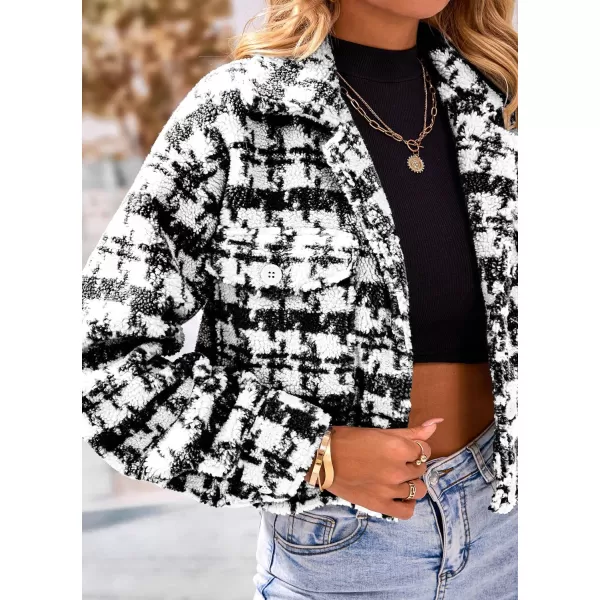imagePRETTYGARDEN Womens Fall Plaid Shacket Jacket Faux Fur Lapel Open Front Cropped Winter Coats OuterwearBlack