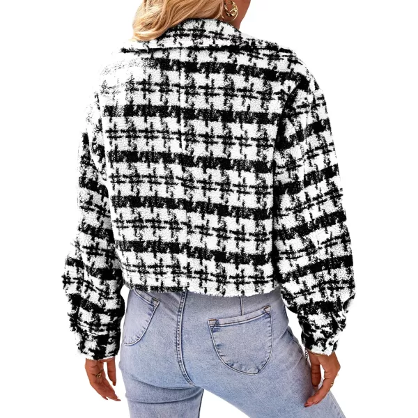 imagePRETTYGARDEN Womens Fall Plaid Shacket Jacket Faux Fur Lapel Open Front Cropped Winter Coats OuterwearBlack