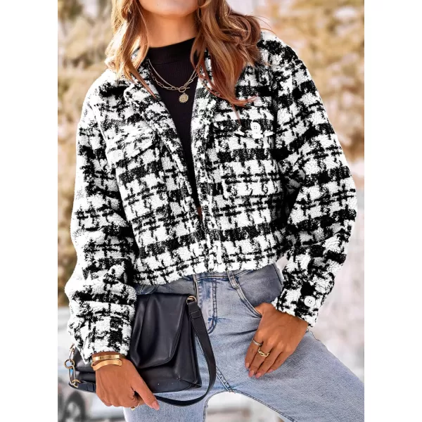 imagePRETTYGARDEN Womens Fall Plaid Shacket Jacket Faux Fur Lapel Open Front Cropped Winter Coats OuterwearBlack
