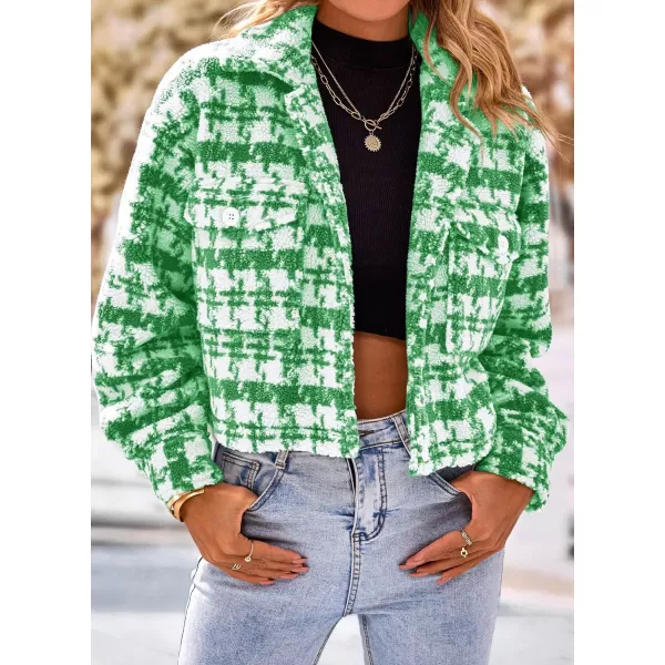 imagePRETTYGARDEN Womens Fall Plaid Shacket Jacket Faux Fur Lapel Open Front Cropped Winter Coats OuterwearBrilliant Green