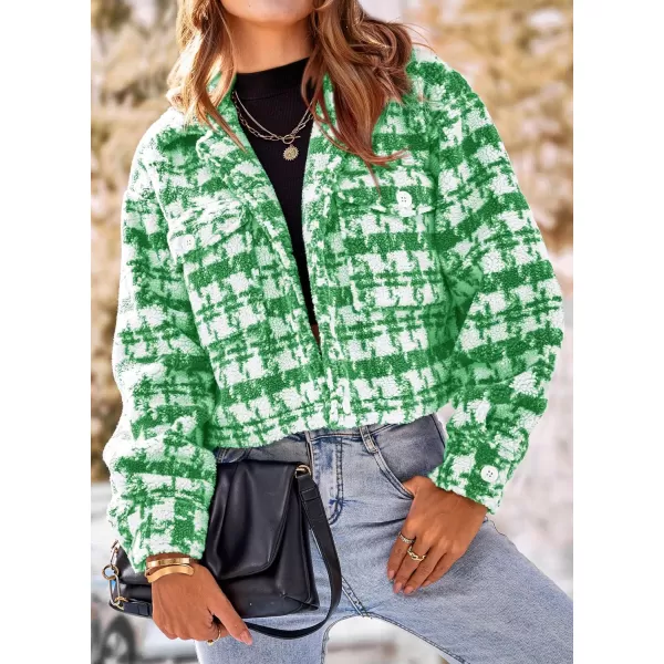 imagePRETTYGARDEN Womens Fall Plaid Shacket Jacket Faux Fur Lapel Open Front Cropped Winter Coats OuterwearBrilliant Green