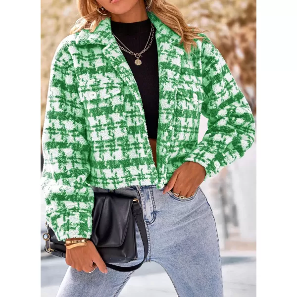 imagePRETTYGARDEN Womens Fall Plaid Shacket Jacket Faux Fur Lapel Open Front Cropped Winter Coats OuterwearBrilliant Green