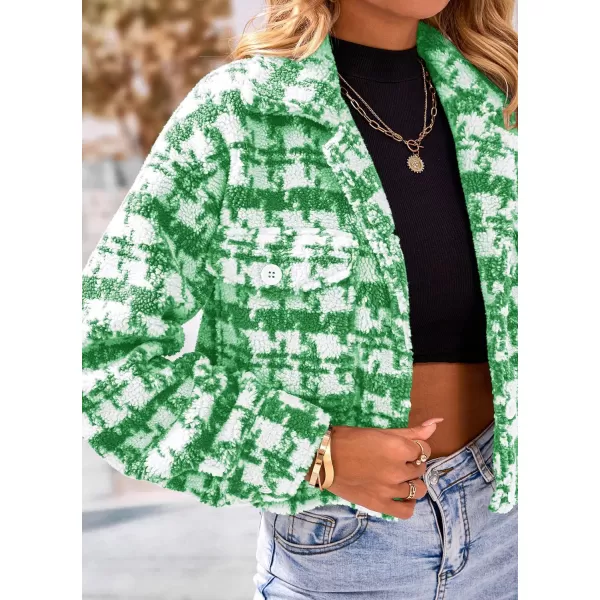 imagePRETTYGARDEN Womens Fall Plaid Shacket Jacket Faux Fur Lapel Open Front Cropped Winter Coats OuterwearBrilliant Green
