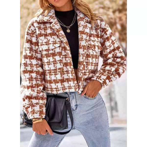 imagePRETTYGARDEN Womens Fall Plaid Shacket Jacket Faux Fur Lapel Open Front Cropped Winter Coats OuterwearBrown