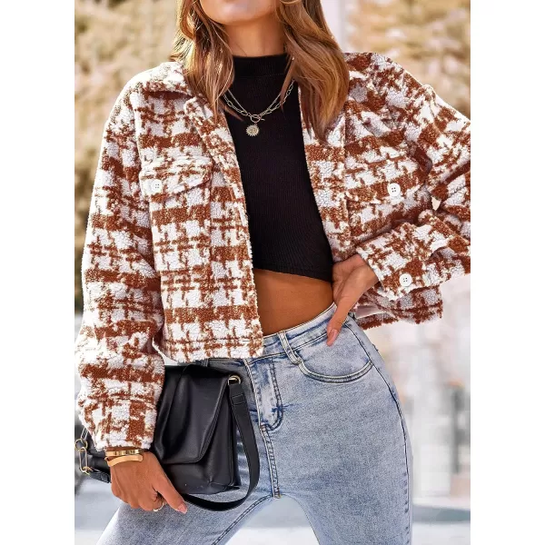 imagePRETTYGARDEN Womens Fall Plaid Shacket Jacket Faux Fur Lapel Open Front Cropped Winter Coats OuterwearBrown