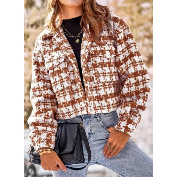 imagePRETTYGARDEN Womens Fall Plaid Shacket Jacket Faux Fur Lapel Open Front Cropped Winter Coats OuterwearBrown