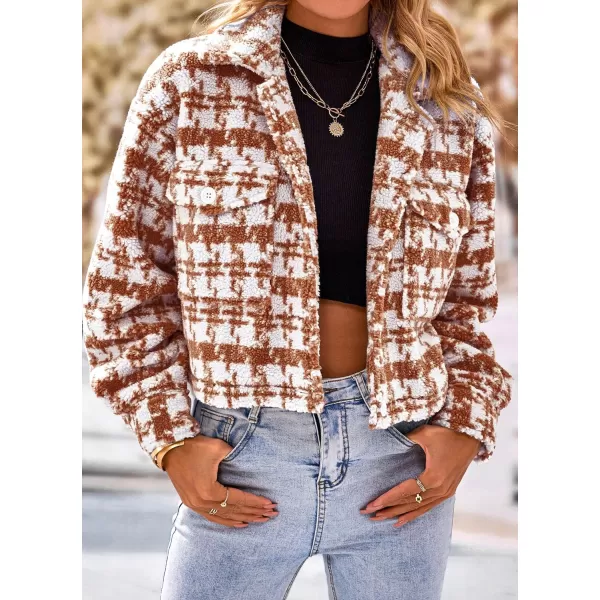 imagePRETTYGARDEN Womens Fall Plaid Shacket Jacket Faux Fur Lapel Open Front Cropped Winter Coats OuterwearBrown