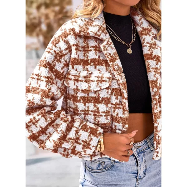 imagePRETTYGARDEN Womens Fall Plaid Shacket Jacket Faux Fur Lapel Open Front Cropped Winter Coats OuterwearBrown