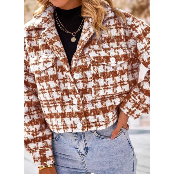 imagePRETTYGARDEN Womens Fall Plaid Shacket Jacket Faux Fur Lapel Open Front Cropped Winter Coats OuterwearBrown