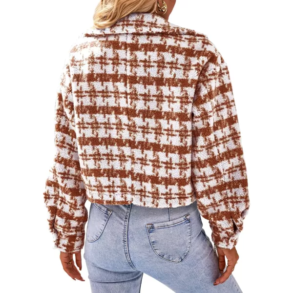 imagePRETTYGARDEN Womens Fall Plaid Shacket Jacket Faux Fur Lapel Open Front Cropped Winter Coats OuterwearBrown