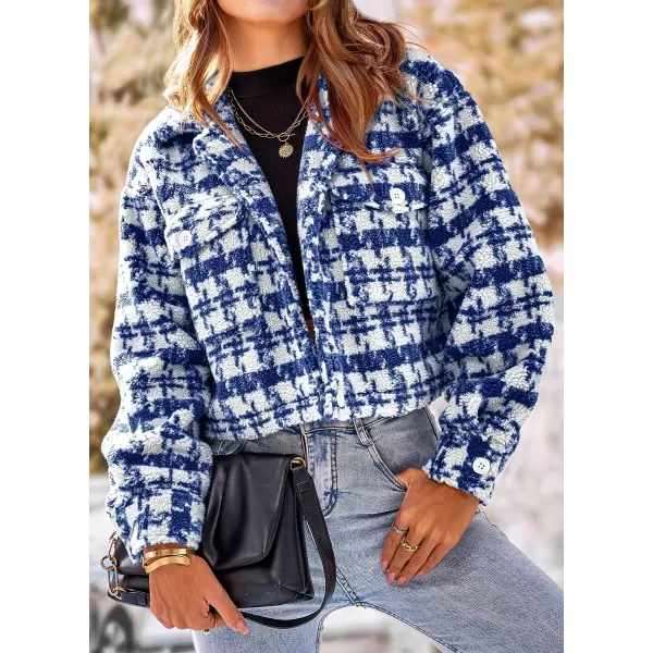 imagePRETTYGARDEN Womens Fall Plaid Shacket Jacket Faux Fur Lapel Open Front Cropped Winter Coats OuterwearDark Blue