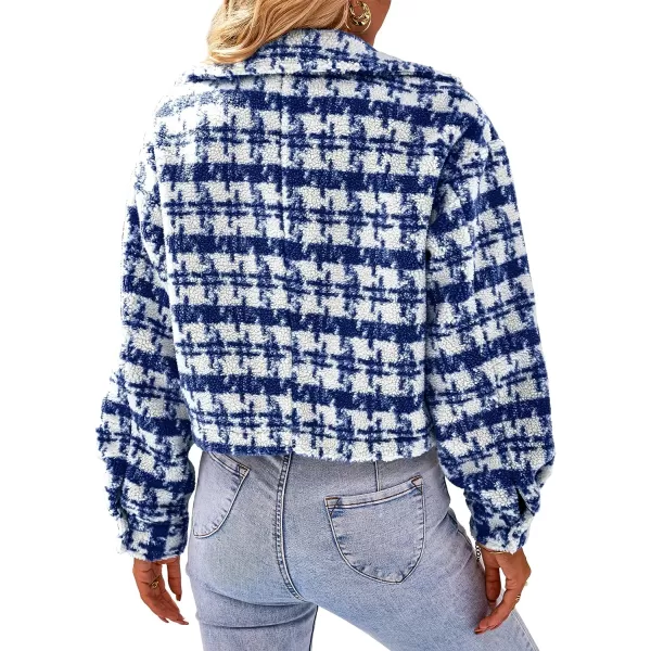 imagePRETTYGARDEN Womens Fall Plaid Shacket Jacket Faux Fur Lapel Open Front Cropped Winter Coats OuterwearDark Blue