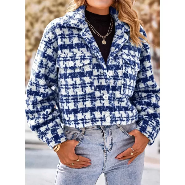 imagePRETTYGARDEN Womens Fall Plaid Shacket Jacket Faux Fur Lapel Open Front Cropped Winter Coats OuterwearDark Blue
