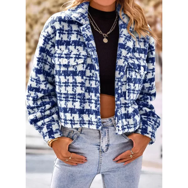 imagePRETTYGARDEN Womens Fall Plaid Shacket Jacket Faux Fur Lapel Open Front Cropped Winter Coats OuterwearDark Blue