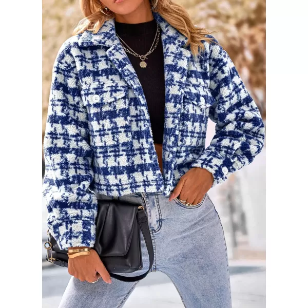 imagePRETTYGARDEN Womens Fall Plaid Shacket Jacket Faux Fur Lapel Open Front Cropped Winter Coats OuterwearDark Blue