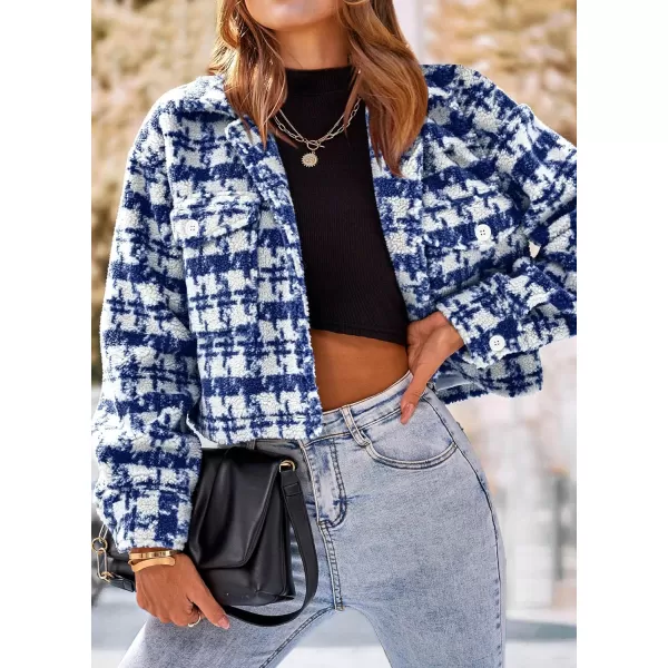 imagePRETTYGARDEN Womens Fall Plaid Shacket Jacket Faux Fur Lapel Open Front Cropped Winter Coats OuterwearDark Blue