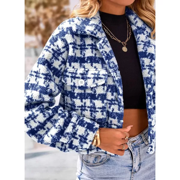 imagePRETTYGARDEN Womens Fall Plaid Shacket Jacket Faux Fur Lapel Open Front Cropped Winter Coats OuterwearDark Blue