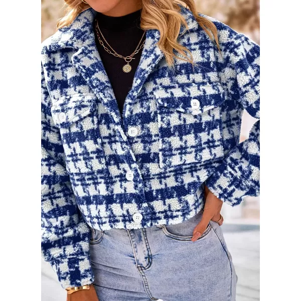 imagePRETTYGARDEN Womens Fall Plaid Shacket Jacket Faux Fur Lapel Open Front Cropped Winter Coats OuterwearDark Blue