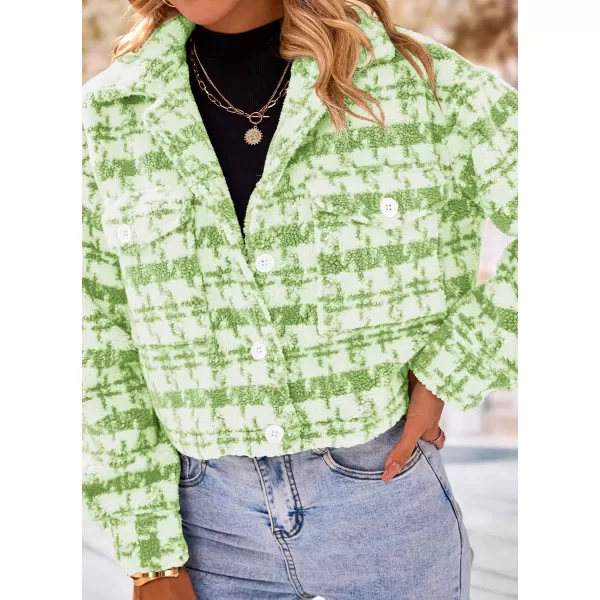 imagePRETTYGARDEN Womens Fall Plaid Shacket Jacket Faux Fur Lapel Open Front Cropped Winter Coats OuterwearLight Green