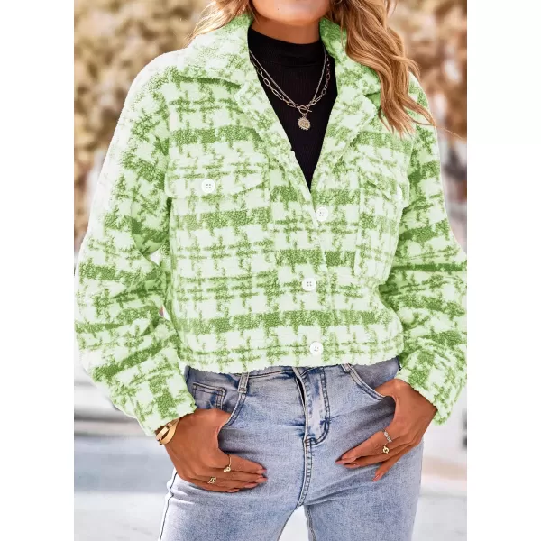 imagePRETTYGARDEN Womens Fall Plaid Shacket Jacket Faux Fur Lapel Open Front Cropped Winter Coats OuterwearLight Green