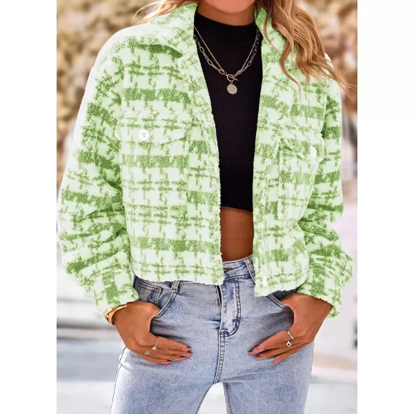 imagePRETTYGARDEN Womens Fall Plaid Shacket Jacket Faux Fur Lapel Open Front Cropped Winter Coats OuterwearLight Green