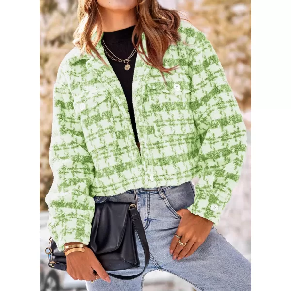 imagePRETTYGARDEN Womens Fall Plaid Shacket Jacket Faux Fur Lapel Open Front Cropped Winter Coats OuterwearLight Green