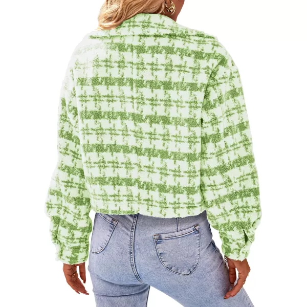 imagePRETTYGARDEN Womens Fall Plaid Shacket Jacket Faux Fur Lapel Open Front Cropped Winter Coats OuterwearLight Green