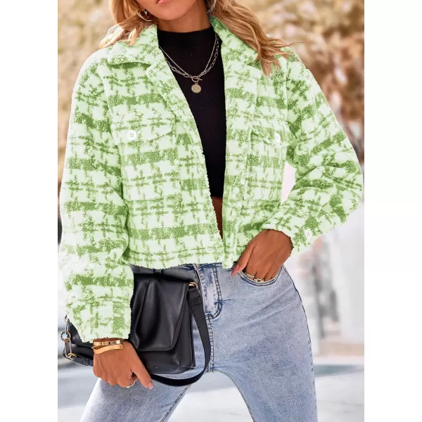 imagePRETTYGARDEN Womens Fall Plaid Shacket Jacket Faux Fur Lapel Open Front Cropped Winter Coats OuterwearLight Green