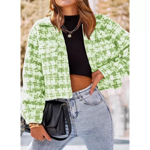 imagePRETTYGARDEN Womens Fall Plaid Shacket Jacket Faux Fur Lapel Open Front Cropped Winter Coats OuterwearLight Green