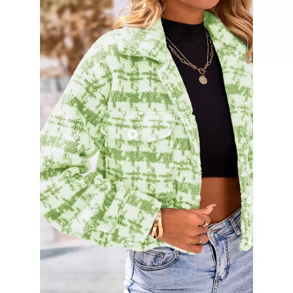 imagePRETTYGARDEN Womens Fall Plaid Shacket Jacket Faux Fur Lapel Open Front Cropped Winter Coats OuterwearLight Green